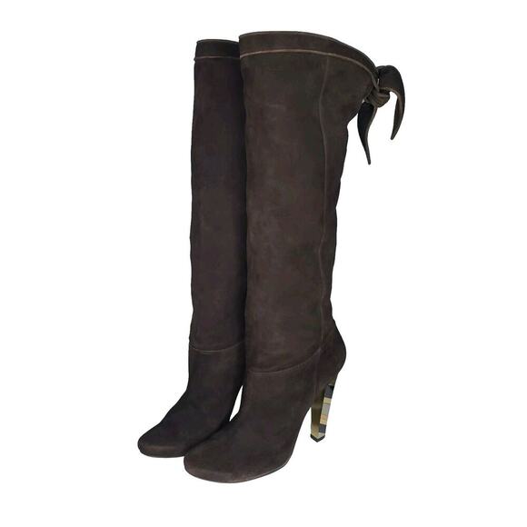 Jimmy Choo Brown Suede Leather Knee High Heel Stiletto Bow Tie Boots Size 42 EU - Picture 1 of 13